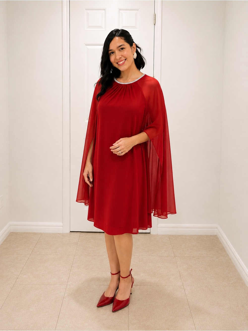 R&M Richards Burgundy Chiffon Cape Dress Rhinestone Trim Size 10